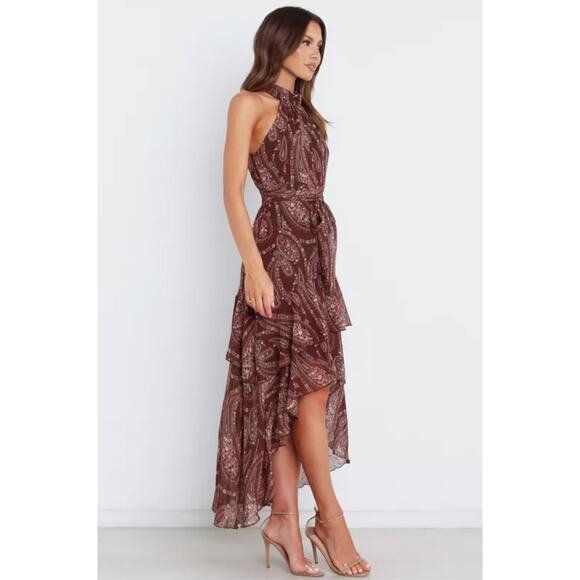 Petal and Pup - Tia Brown Halter Neck Swiss Dot Paisley High Low Maxi Dress - Picture 10 of 16